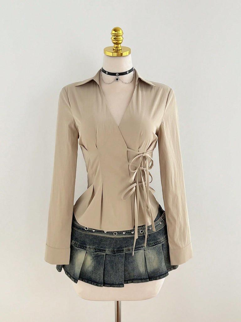 In Stock - European & American Casual Waist-Cinching Solid Color Women's Shirt