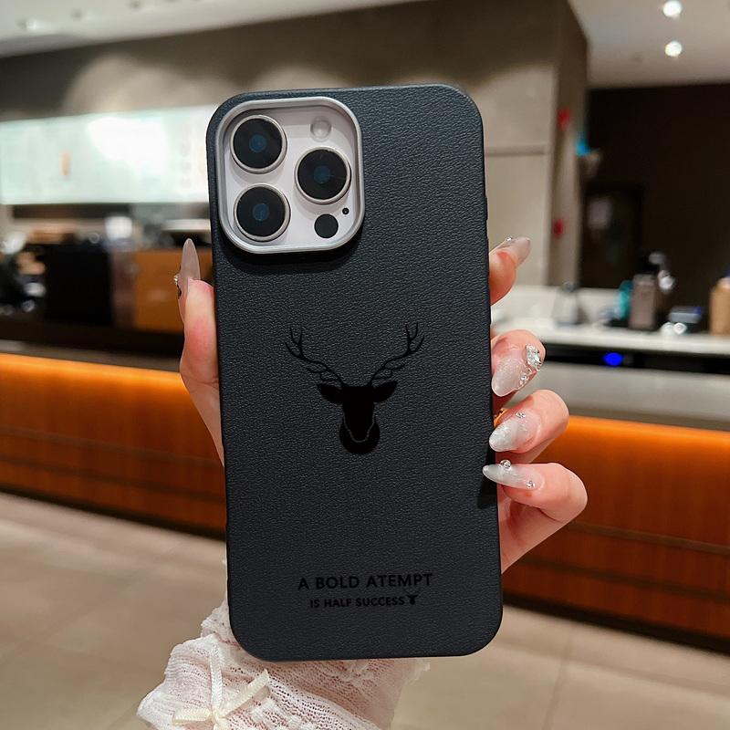 For iPhone 16 Pro Max 15 Pro 14 13 12 11 Case Deer Pattern Solid Color TPU Leather Texture Soft Matte Shockproof Phone Cover