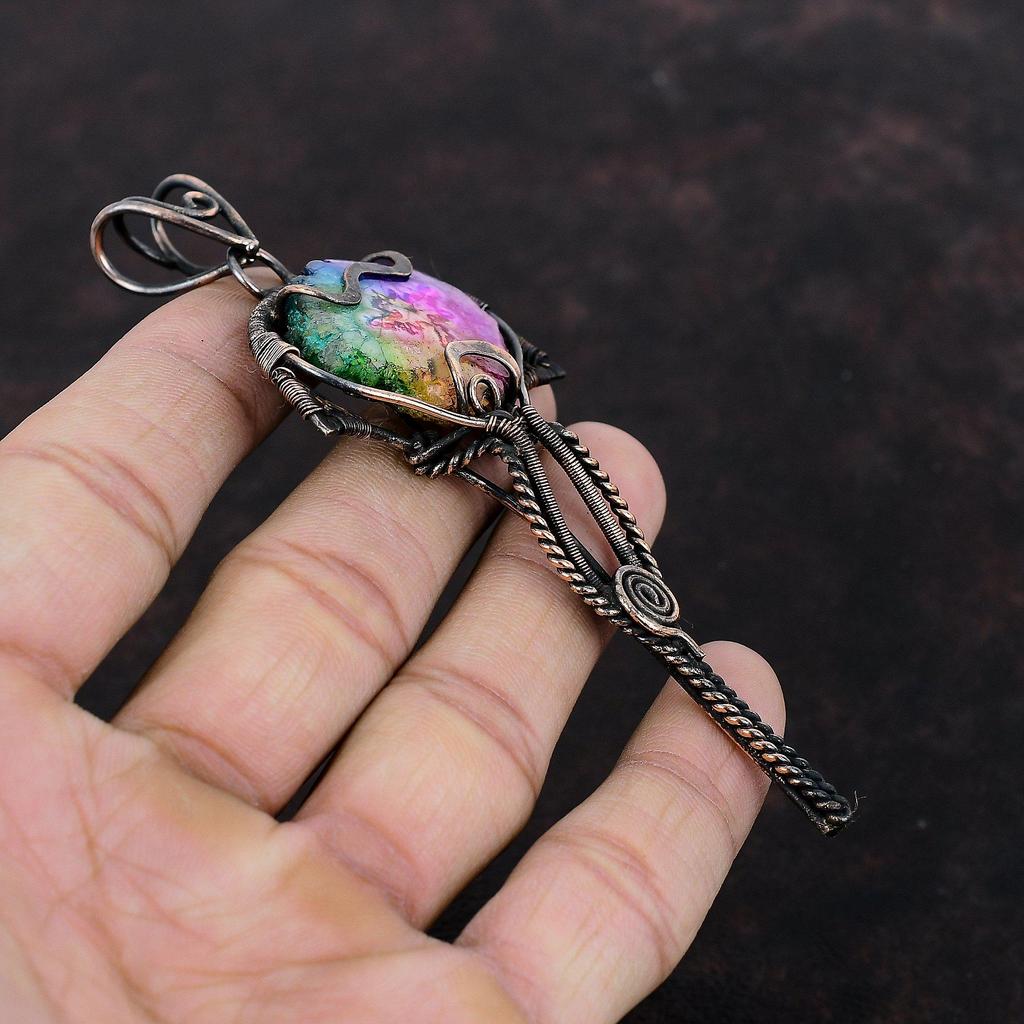 Rainbow Solar Quartz Druzy Pendant Copper Wire Wrapped Pendant Handmade Elegant Jewelry Boho Hippie Pendant Gemstone Copper Jewelry For Gift