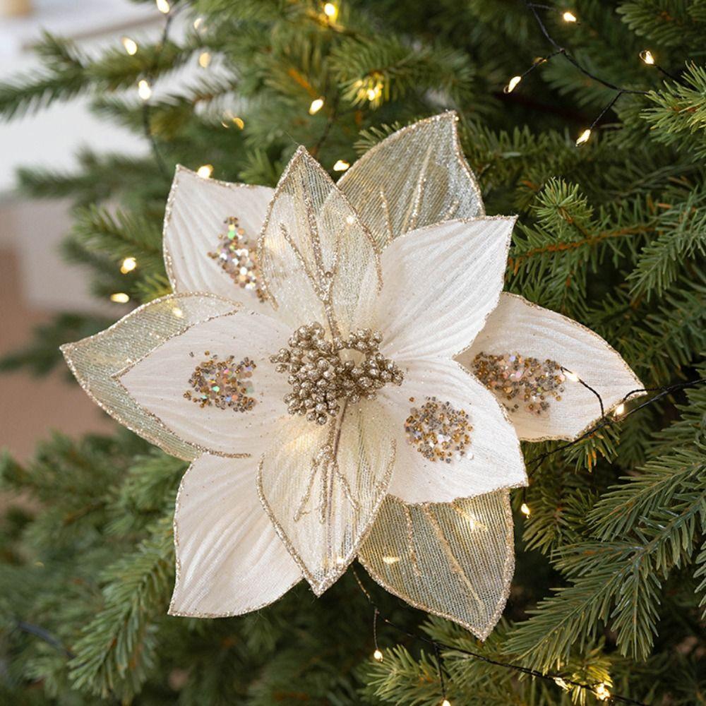 Fabric Plastic Christmas Artificial Flowers 25CM Glitter Fake Flower  Christmas Decor