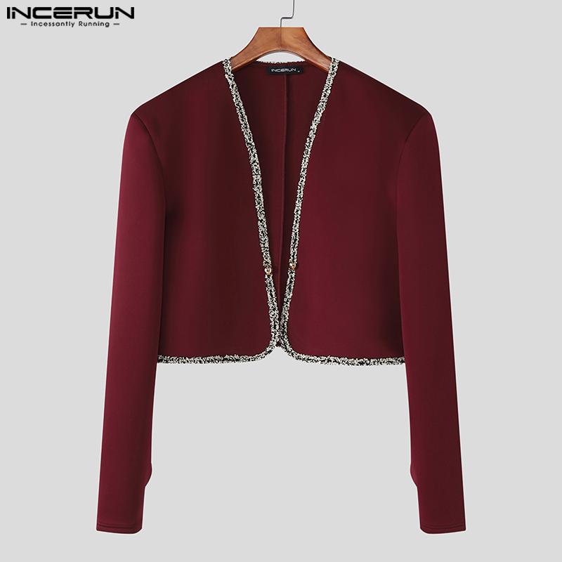 INCERUN Men Long Sleeve Open Front Stitching Short Crop Tops Shirts
