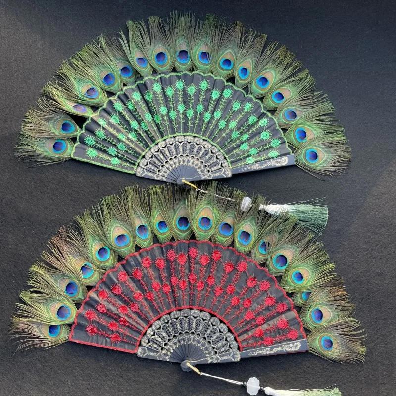 1PC Folding Fan Colorful Peacock Feather Home Decoration Embroidery Sequin High Quality Dance Hand Fans