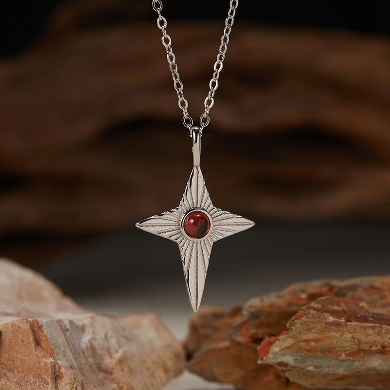 

S925 Sterling Silver Inlaid With Natural Opal Garnet Colored Treasure Necklace Female Original Design Star Cross Pendant