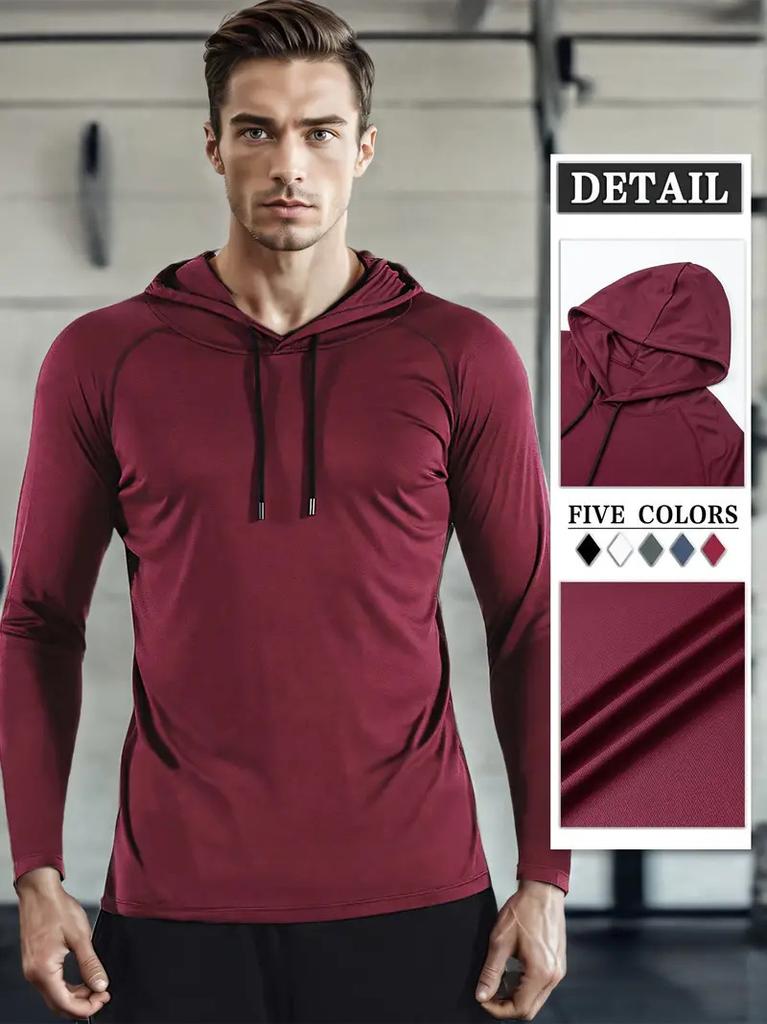 Men's Long Sleeve Hooded Fitness Pullover Moisture Wicking Quick Dry Athletic Gym Training Top, Red