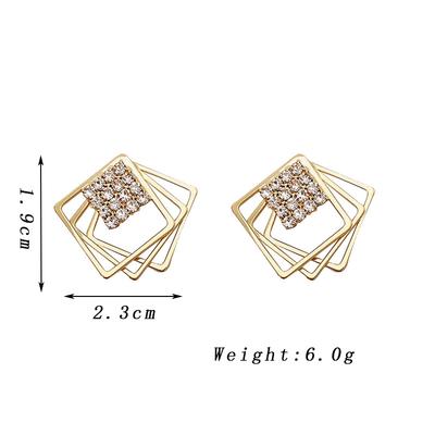 Multi-layer Overlap Rhombus Shape Stud Earrings for Women Hollow Out Metal Golden Color Geometry Earrings Party Crystal Jewelry