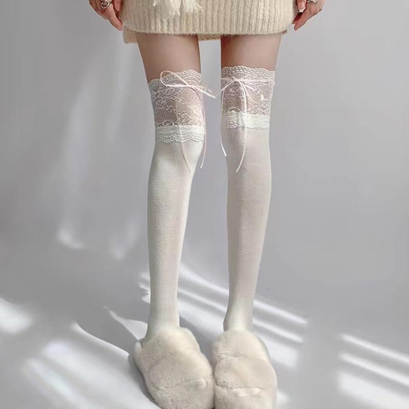 Girls Lolita Velvet Stockings White Knee Length Stockings Lace Splicing High Tube Sock Ribbon Bowknot Long Socks Women Footwear