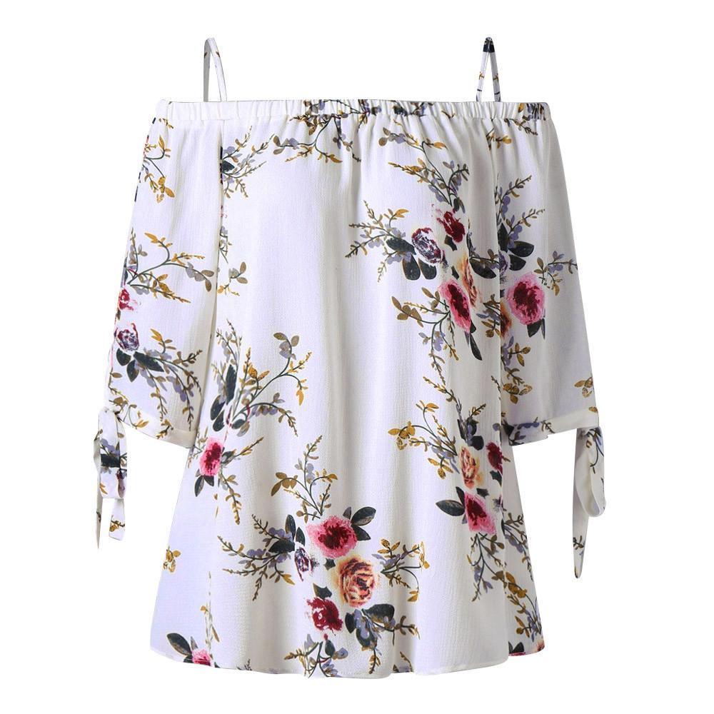 Fashion Womens Plus Size Floral Print Cold Blouse Camis Casual Shoulder Tops For Summer