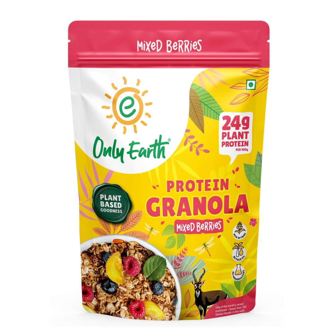 Only Earth Protein Granola | Mixed Berries | 24g High Plant Protein | High Fibre | No Palm Oil | Dairy-Free | With Blueberry, Cranberry, Strawberry