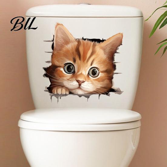 Self Adhesive Sticker Broken Wall Cat Toilet Sticker, Peel And Stick Decor PVC Bathroom Decal Decal, Removable Waterproof Lid for Stickers