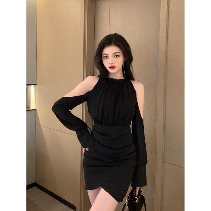 

Pure desire wind off the shoulders sweet neck dress women s early new long-sleeved temperament Spice girl waist and thin short skirt S чёрный