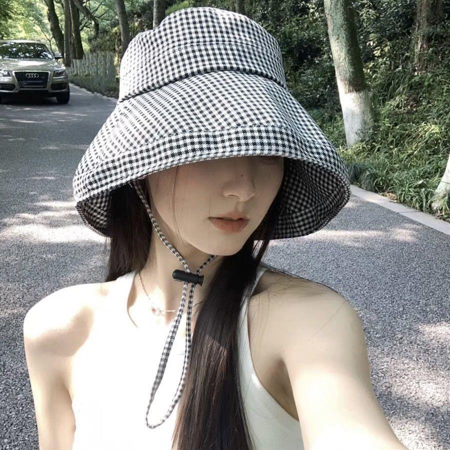 Summer Women's Sunshade Hat Sun Face Covering Fashion Thousand Bird Plaid Sunscreen Fisherman Hat