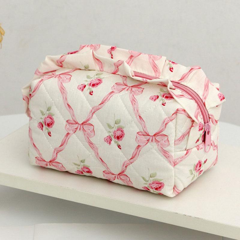 Ruffled Edge Bowknot Floral Print Makeup Bags Large Capacity Quilting Pen Bags Women Cosmetic Storage Bag Travel Wash Bag Clutch