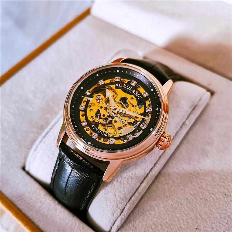 Orologio Meccanico Automatico Vuoto Incrostato di Diamanti Moda Donna Semplice Luminoso Impermeabile