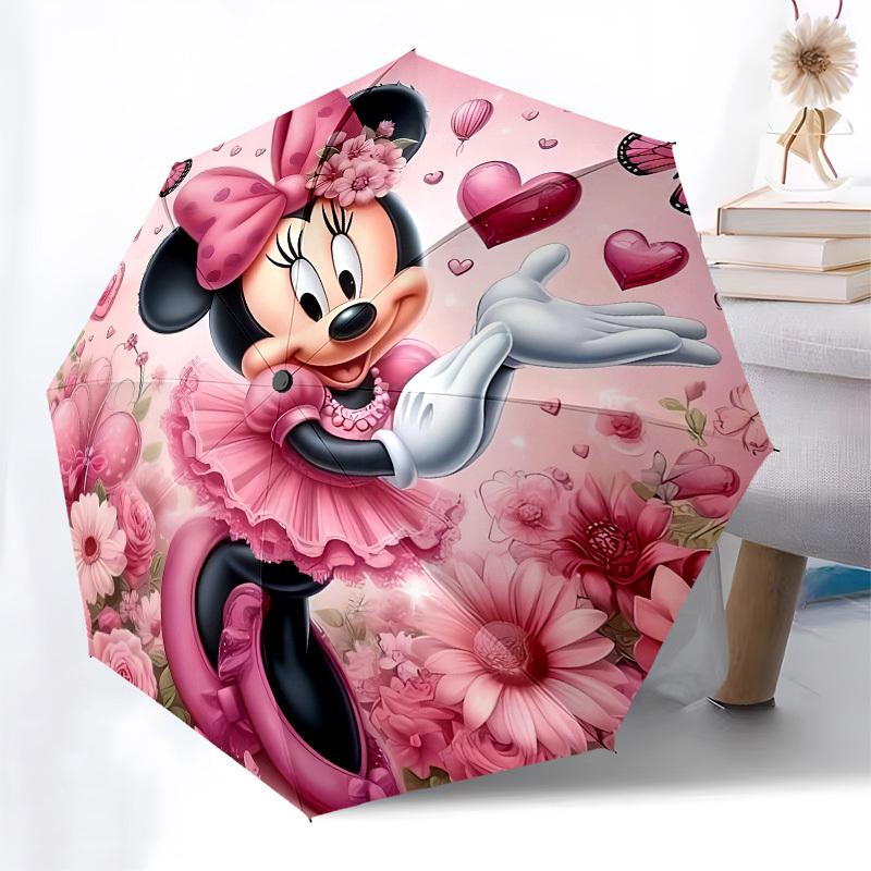 Minnie Mouse, Pink Floral Themed Automatic Opening and Closing Umbrella, Brightly Colored 8-rib Portable Umbrella, Suitable for Men and Wome