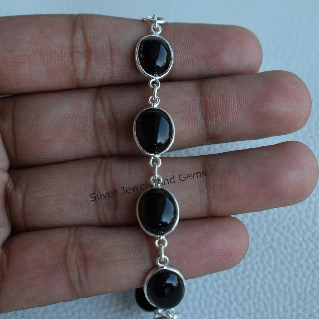 Zwarte Onyx Armband, Handgemaakte 925 Sterling Zilver Zwarte Edelsteen Armband, Cadeau voor Haar, Lichtgewicht Zetting Armband