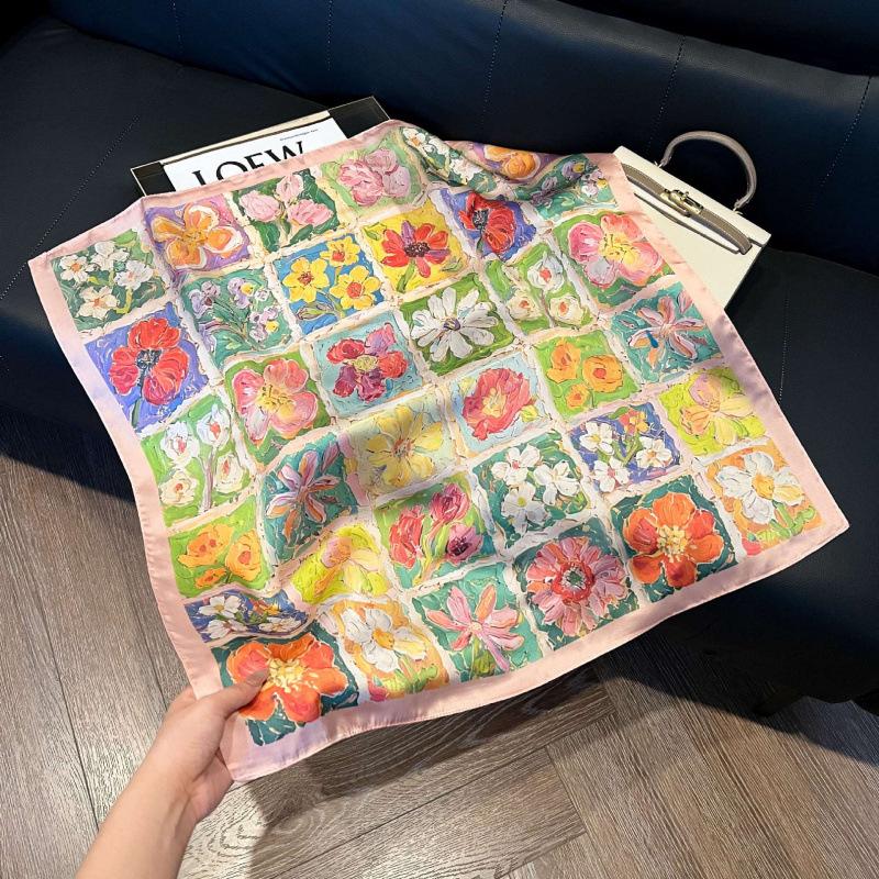 Fashion Black and White Printing Temperament Square Scarf Imitation Silk Korean Version Decorative Scarf Scarf Professional Decorative Shawl Silk Scar