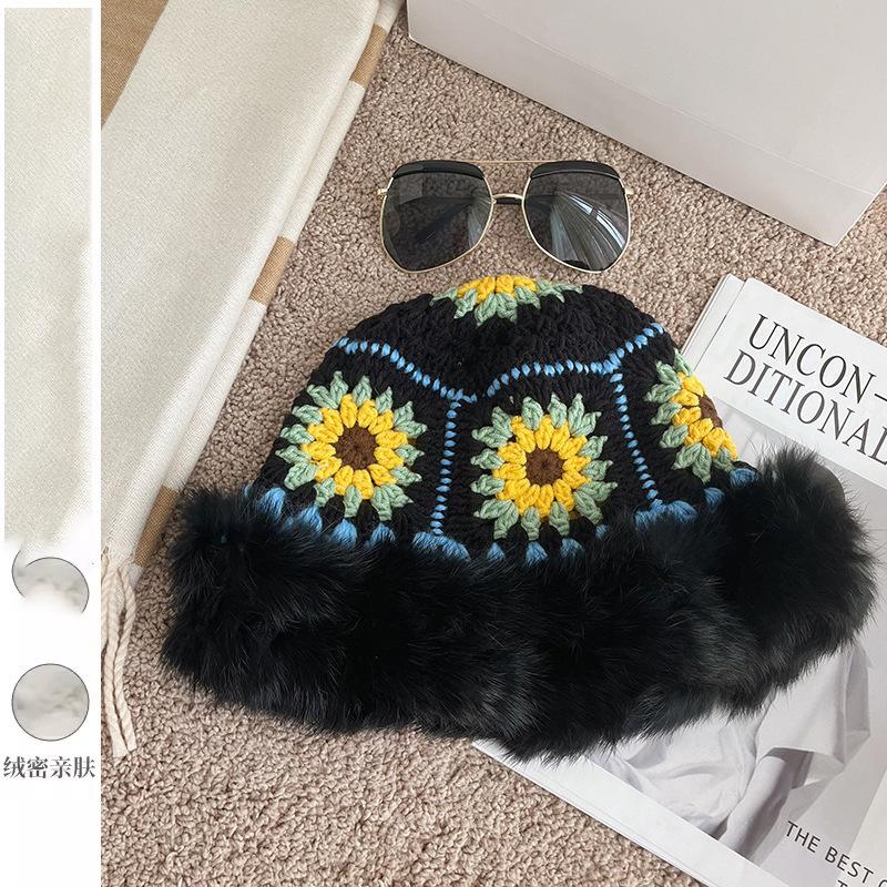 Big head circumference rabbit hair knitted hat women's autumn and winter rough edge bucket hat showing face small warm wool hat Rex rabbit hair hat