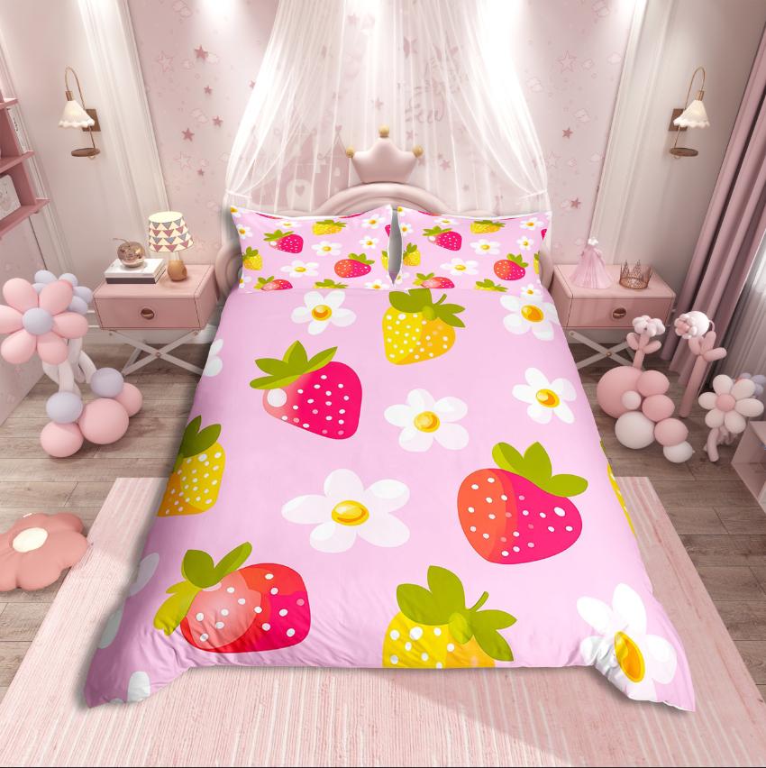 Homewish Cartoon Strawberry Duvet Cover SetGroovy Flower Daisy For Kids Bedding SetFloral Fruit Decor