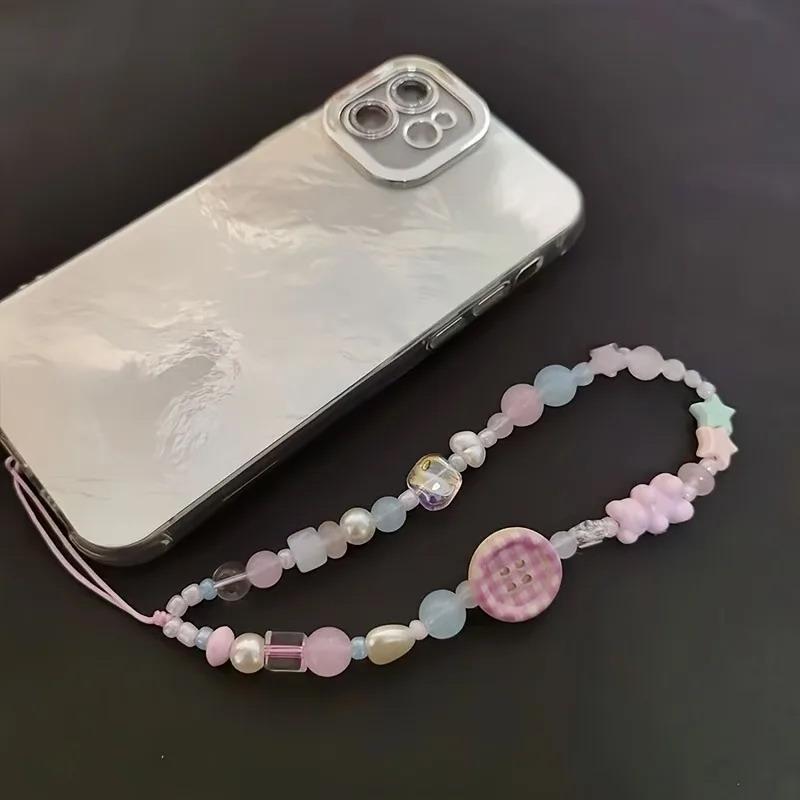 3D Button Beaded Phone Chain Charm Lanyard Korean Sweet Cute Aesthetic Decor Strap for Backpack Key Student Daily Use