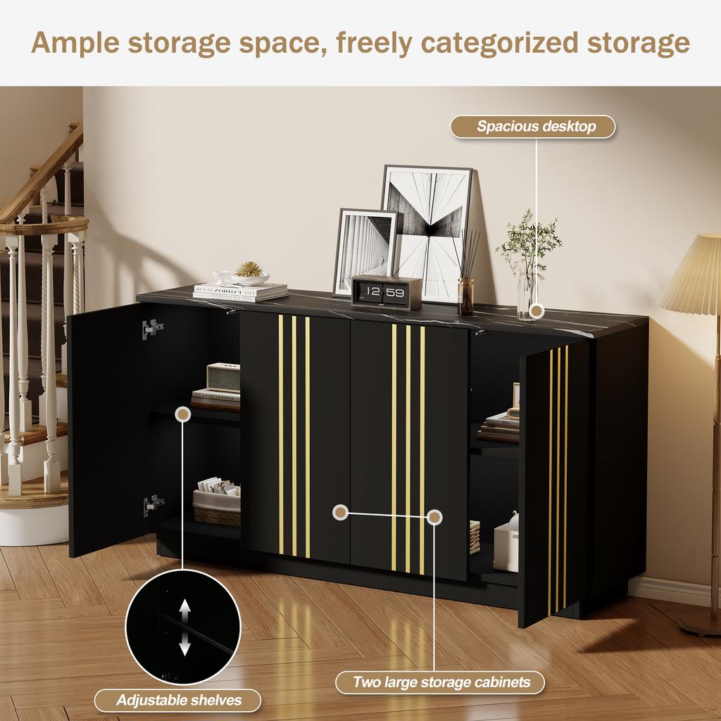 Sideboard, Schrank mit 4 Türen, 35 x 140 x 70 cm, Vergoldete Linien, Schrank mit verstellbaren Einlegeböden, Geeignet für Wohnzimmer und Schlafzimmer, Schwarz+Gold