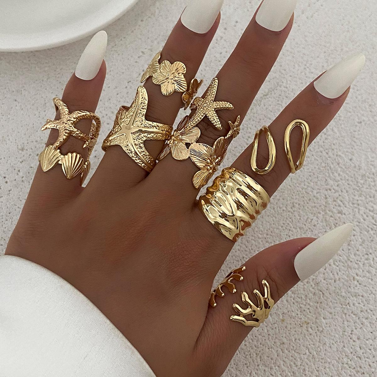 

SHIXIN 9 Pcs Creative Starfish Scallop Flower Open Rings Set for Women Bohemian Irregular Adjustable Ring Beach Daily Jewelry