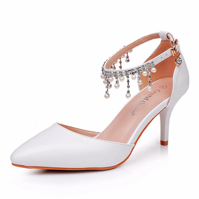 Wedding Party Heels Women Luxury Brand Design String Bead Pearls High Heels Ladies Sexy Elegant Pointed Toe White Red Pumps 34 4090₽