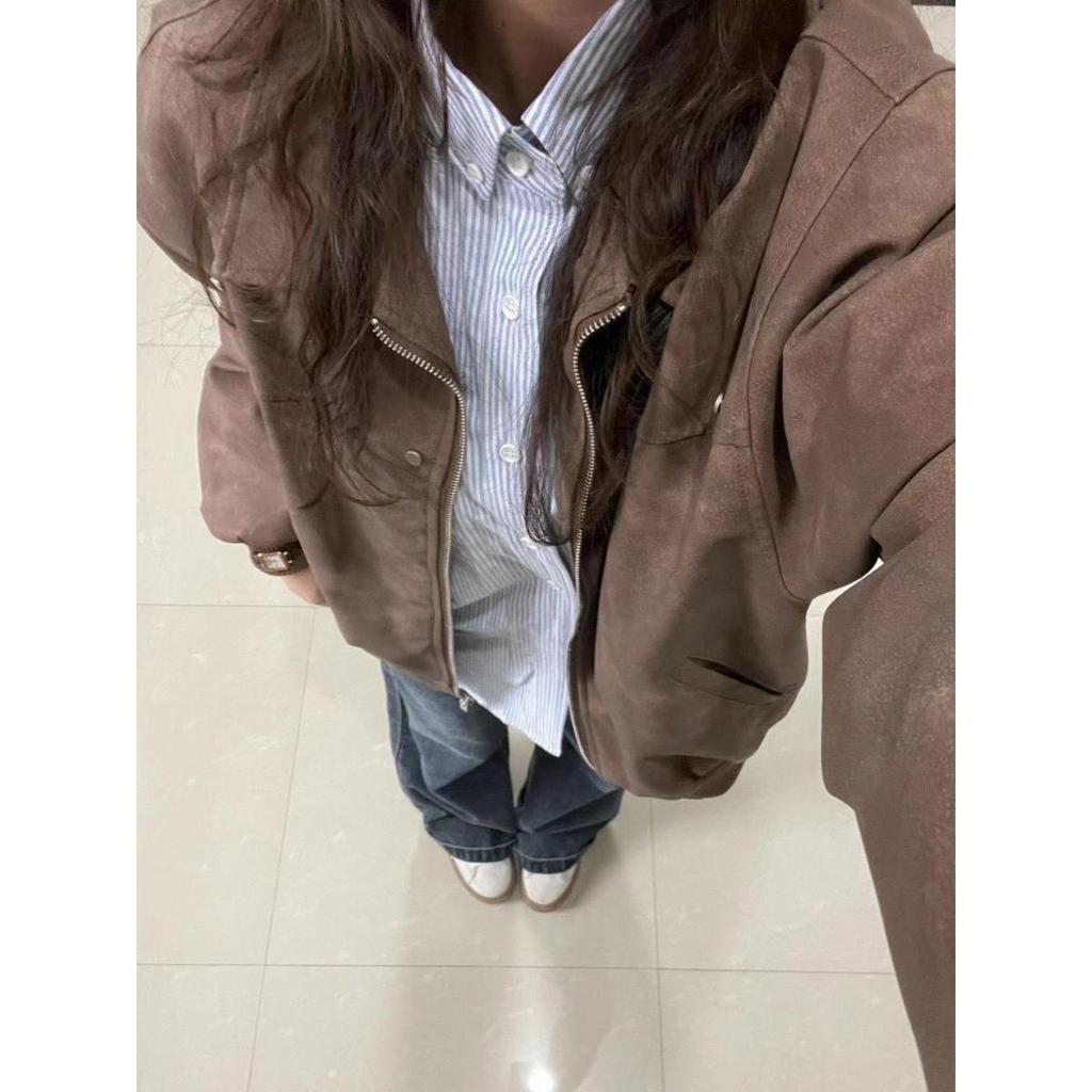 Women's American Retro Brown PU Leather Lapel Jacket - 2025 Spring/Autumn Faux Suede, High-End Versatile Couple Style.