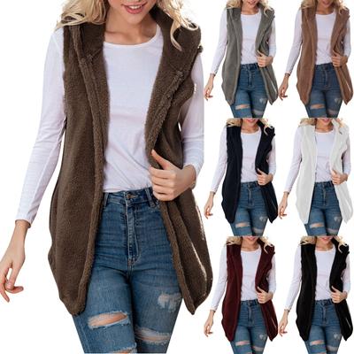 Women's Fashion Solid Color Casual Coat Plush Vest Hooded Top With Pockets