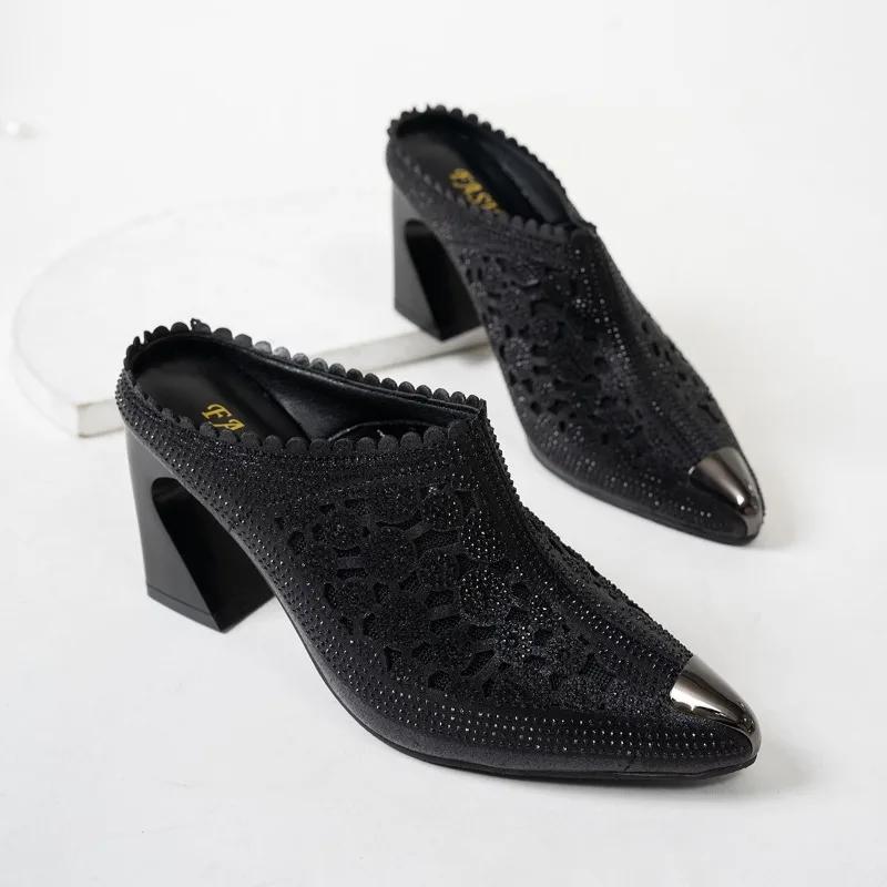 Женская Модная Косичка На Голове Массивные Сандалии Весна Новые Остроносые Глубокий Вырез Сетчатые С Блестками Дышащие Нескользящие Высокие Каблуки 35 чёрный 3390₽