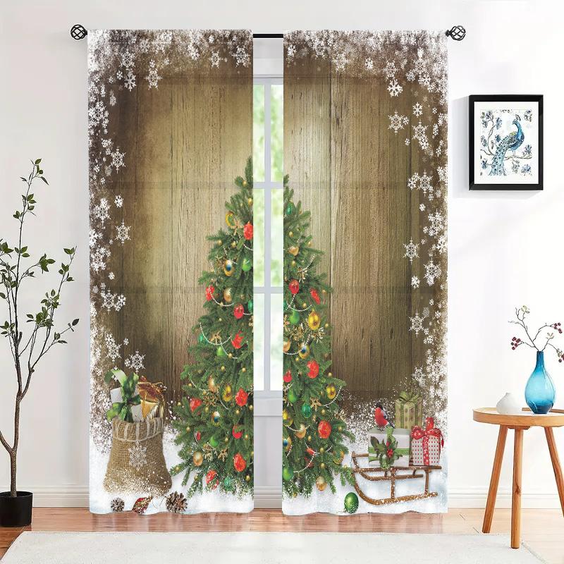 2 Pieces, Christmas Tree Snowflake Wood Curtain -30% Blackout - Suitable for Living Room, Bedroom, Kitchen, Home Decoration