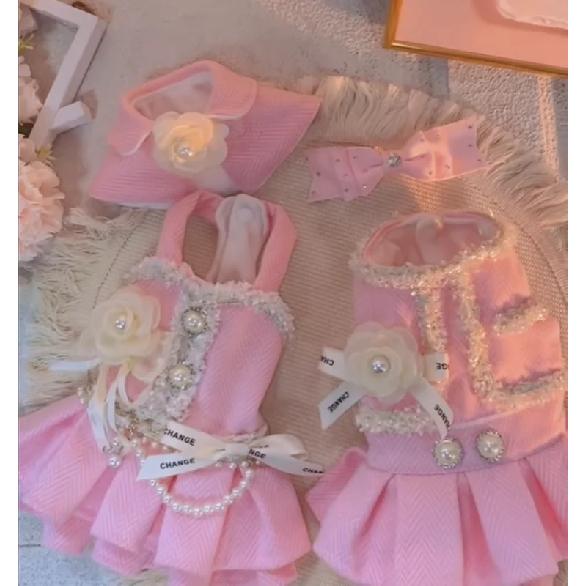 Pink Luxury Pearl Magnolia Design High-End Custom Pet Dress Set Winter Clothes Suit For Small Dog