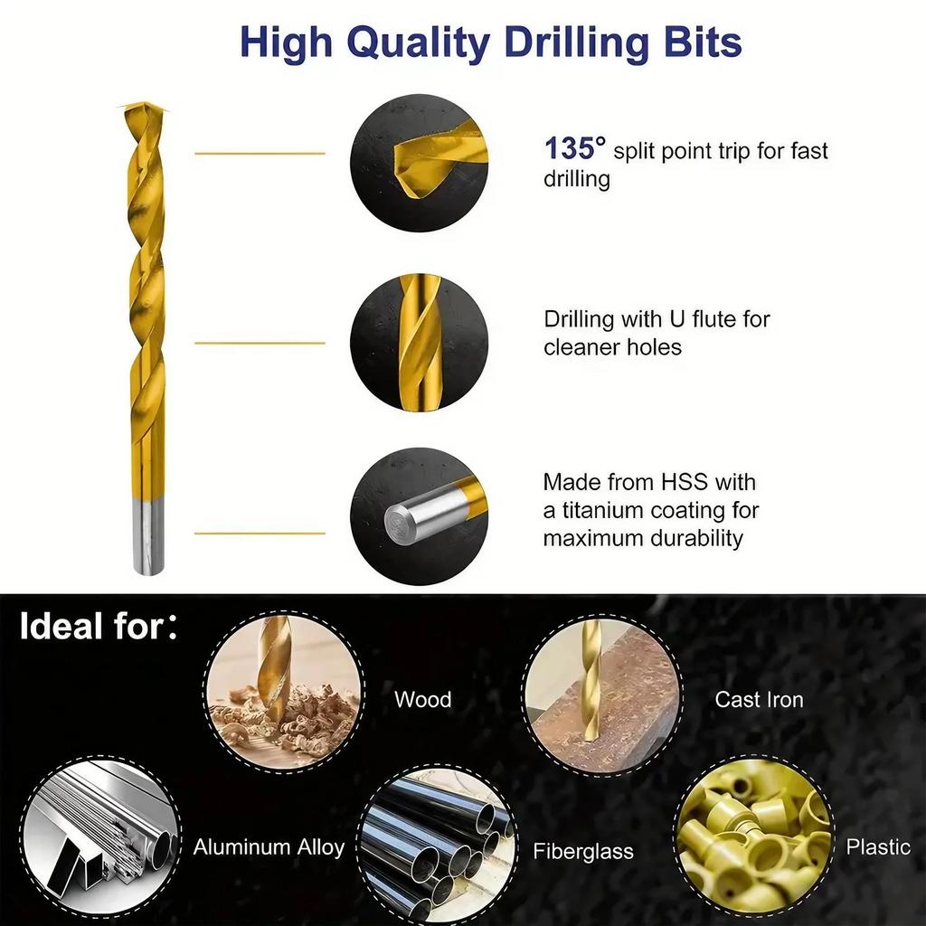 99pcs Titanium Coated Straight Shank Twist Drill Bits Woodworking High Speed Drilling Tools