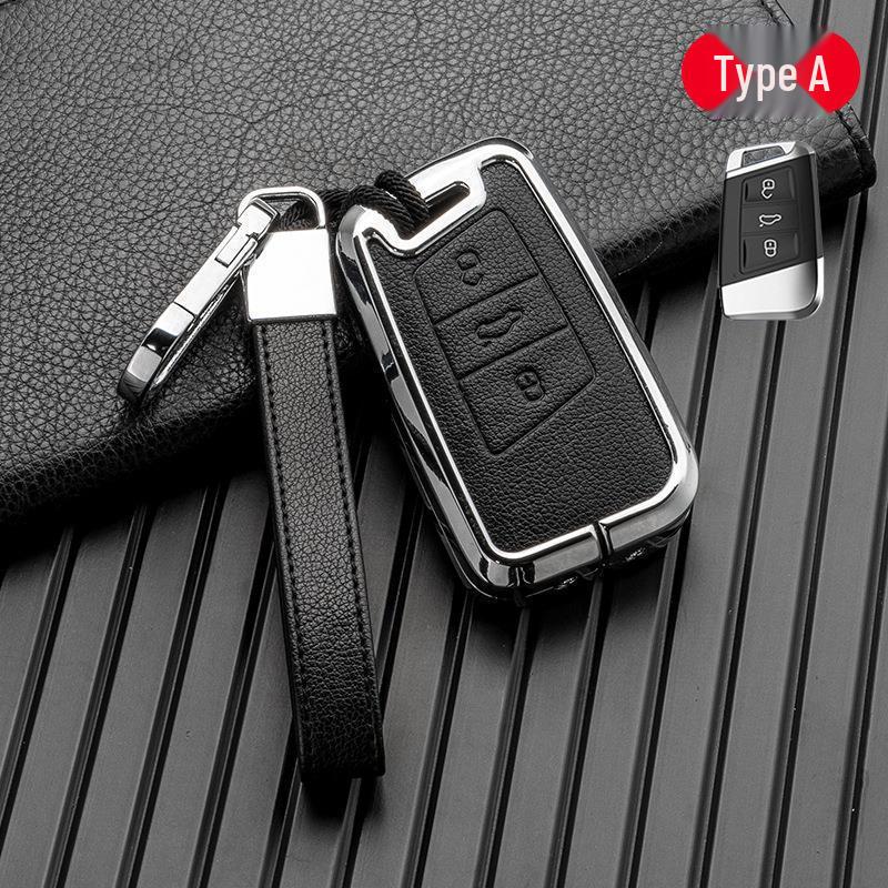 Volkswagen/Skoda Double-Sided Leather Zinc Alloy Car Key Case - Non-Signal Blocking, Full-Wrap Design