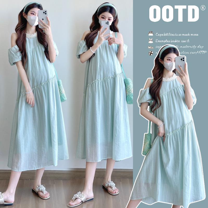 2025 Summer French Off-the-Shoulder Fairy Design Maternity Dress XL светло-зеленый