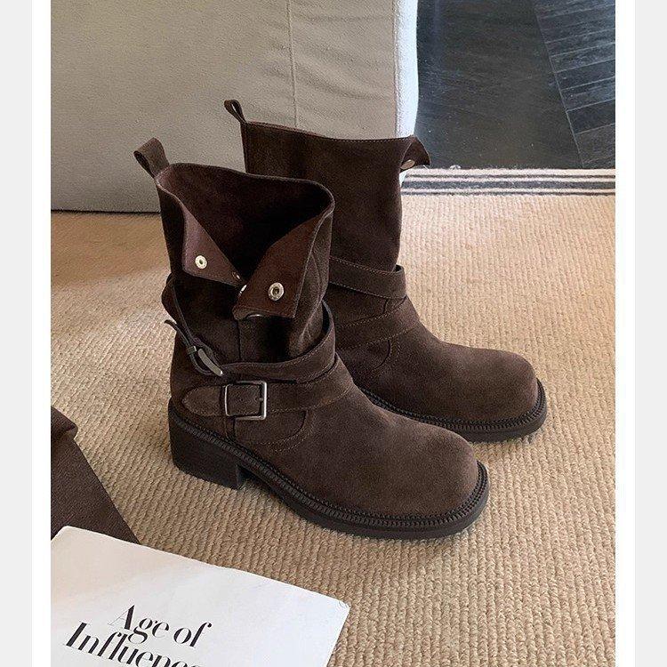 Cowhide Version! Retro Thick Heel Folded Two Women's 2025 New Thin Thick-soled Medium Boots Autumn