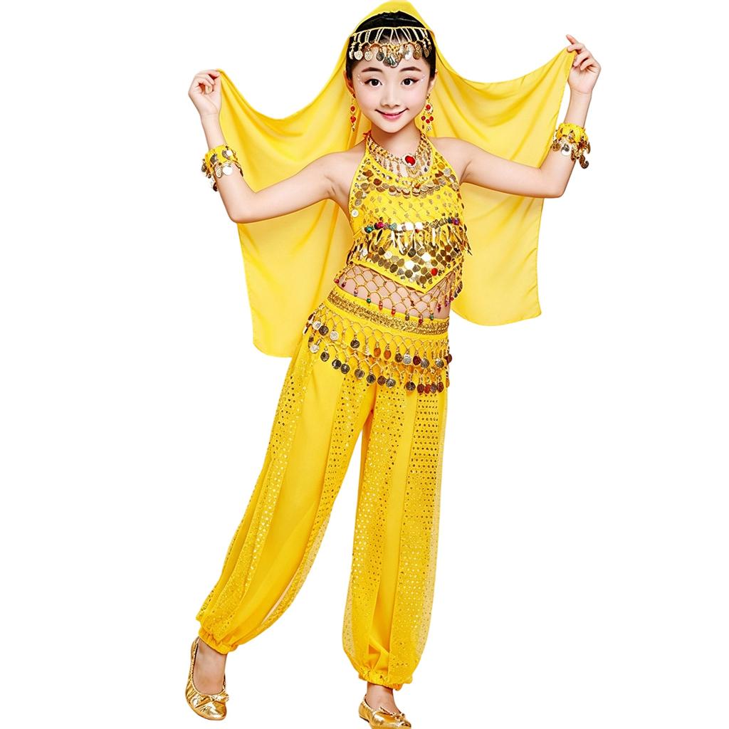 Costume Danza Indiana per Bambine Outfit Danza del Ventre per Bambini Festival Abbigliamento Danza Tradizionale per Bambini con Decorazioni a Monete e Set in Tessuto Trasparente