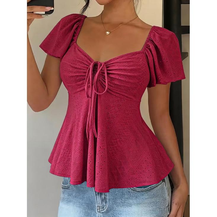 2026 Summer New V-neck Drawstring Tie Sexy Short Sleeve Solid Color Women's T-shirt