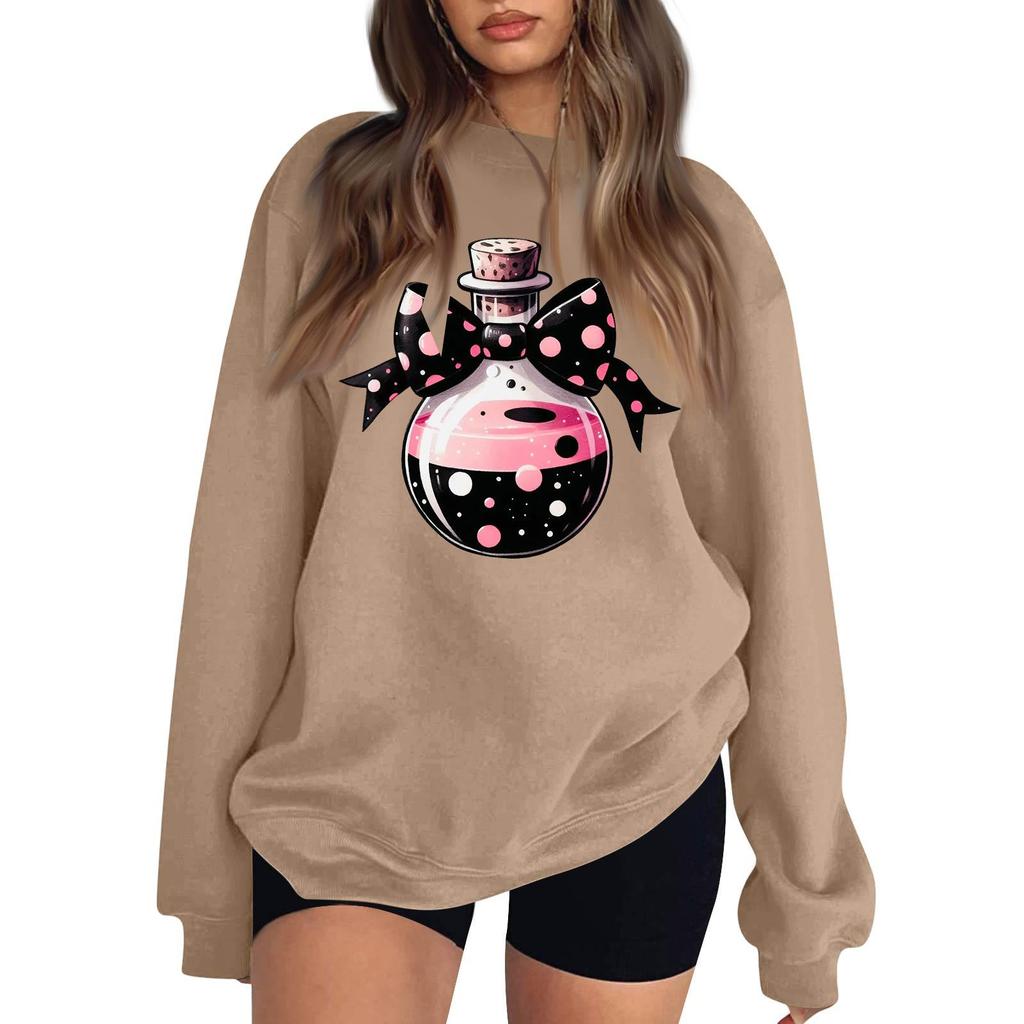 Women's Neck Long Sleeve Casual Loose Fit Sweatshirt Pullover with Color or Small Halloween Print