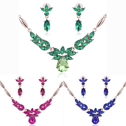 Women's Rhinestone Flower Pendant Alloy Necklace Earrings Wedding Jewelry Set