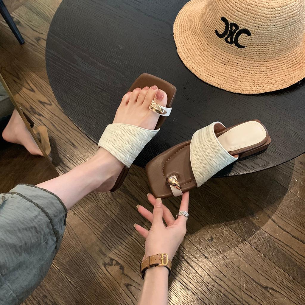 Sheepskin version~ Leather shoes thick heel holiday style straw woven toe slippers women summer wear new French cool slippers