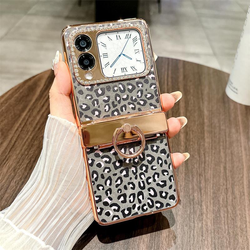 

For Huawei nova Flip 5G Case Leopard Pattern Ring Holder Rhinestone Hard PC Phone Cover B