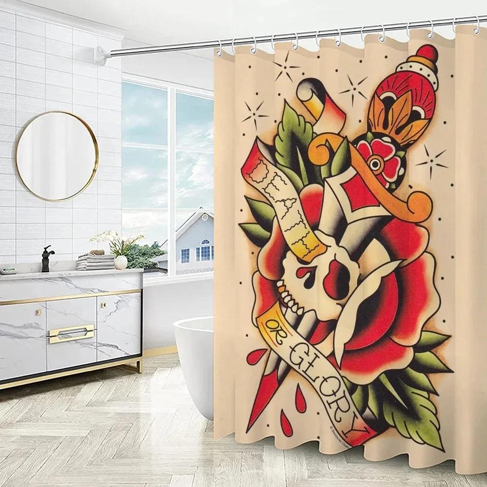 New School Tattoo Shower Curtain For Bathroom Sets Full Set Folding Partition Curtains Accessories Bath Bedrooms Houses Rooms