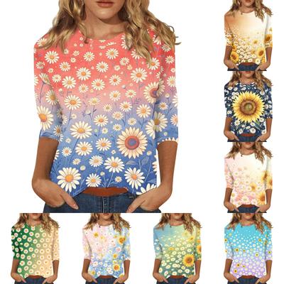 Women's Casual Three Quarter Sleeve Floral Print Round Neck Top Lightweight Comfortable Fit for Everyday Wear