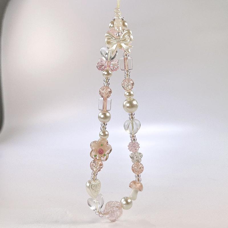 Niedlicher Glas Schleifenknoten Blume Perle Handy-Anhänger Charm Kette Knoten Handy-Lanyard Schlüsselanhänger Mädchen Tasche Kamera Anhänger für Airpods Hülle