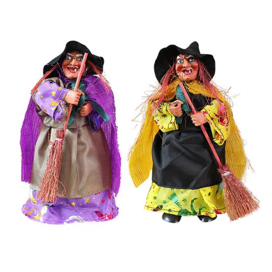 Halloween Witch Doll Standing Witch Figure Holding Broomstick Desktop Spooky Witch Figurine for Halloween Party Mantel Dining Table Decor