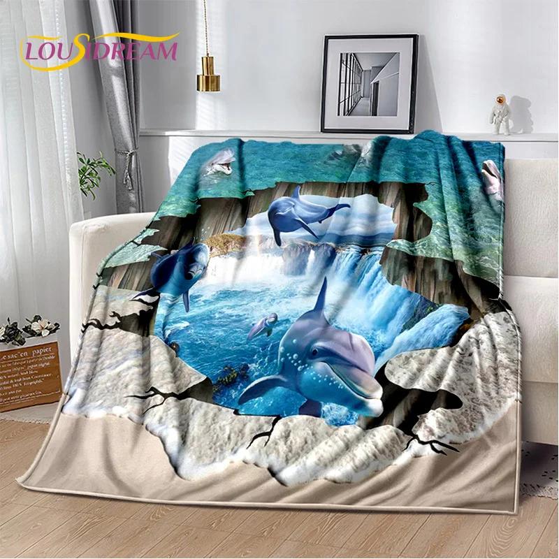 Underwater World 3D Illusion Seabed Cartoon Shark Dolphin Blanket,Soft Throw Blanket for Home Bedroom Bed Sofa Travel Cover Kids