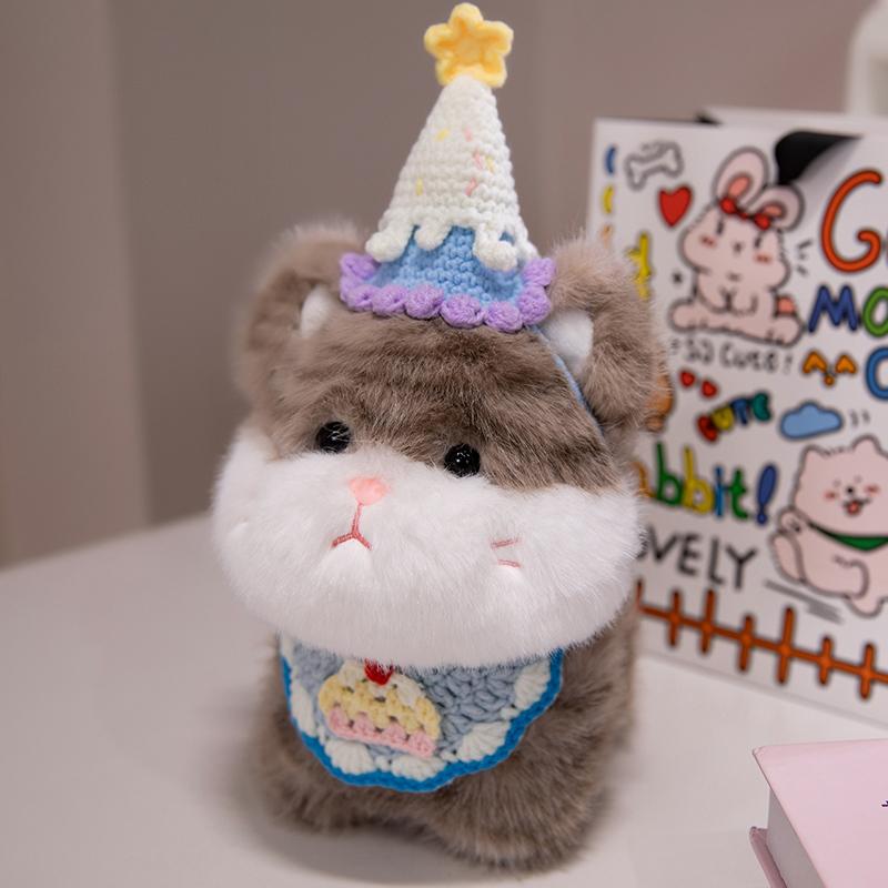 Cute Big Face Cat With Birthday Hat Fruit Cake Snack Bib Decor Kawaii Grey Orange Cats Kittens Plushie For Kids Birthday Gift