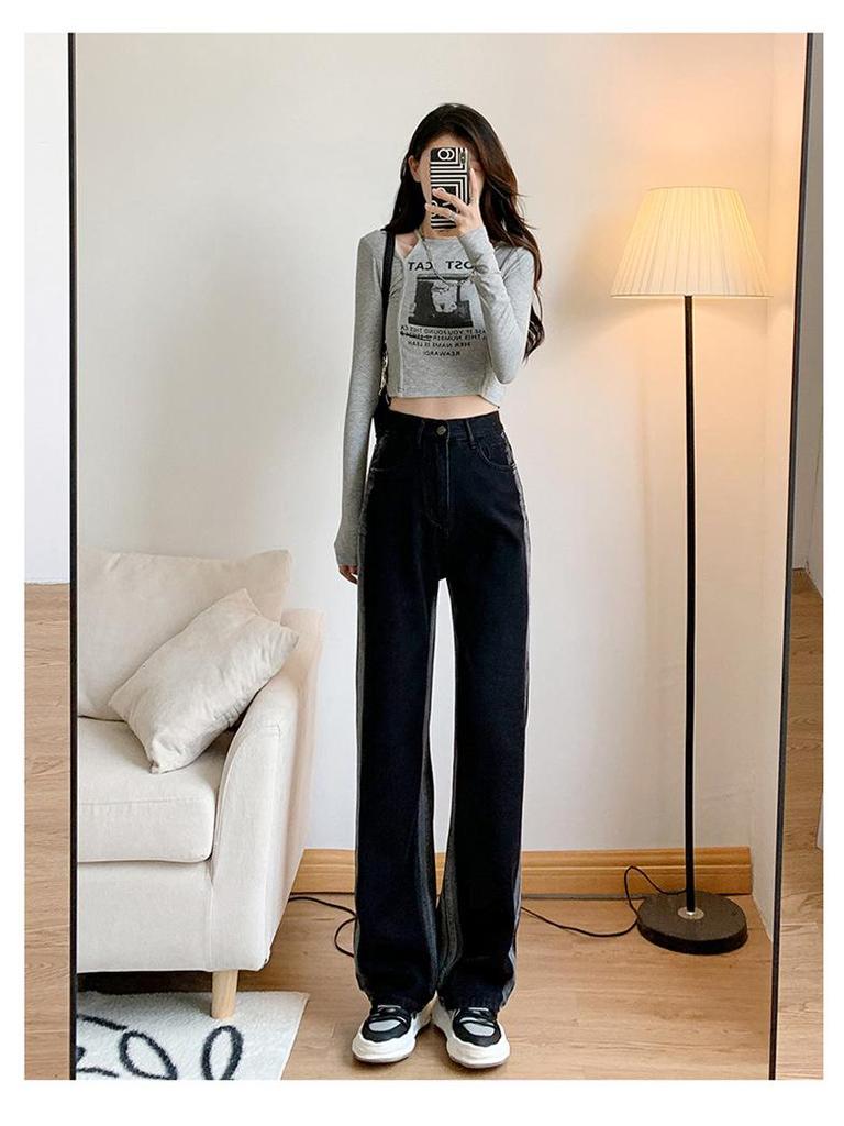 Gradient Velvet High-Waist Wide-Leg Jeans for Women - Plus Size, Warm, Floor-Length, Autumn/Winter Fashion