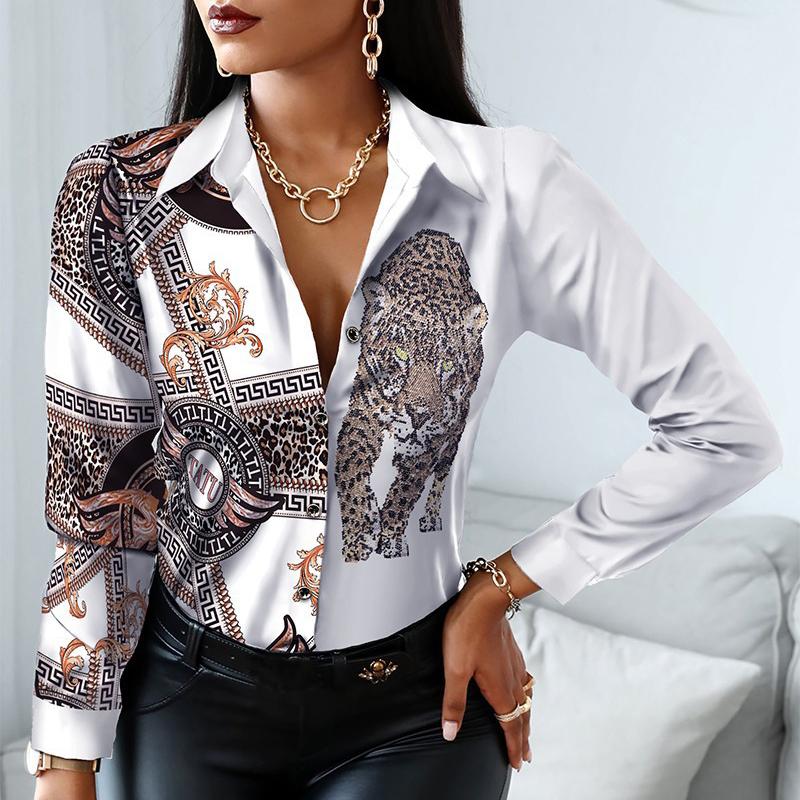 Spring Autumn Women Officewear Blouse Women Fashion Elegant Scarf Chain Print Button Design Shirt Long Sleeve Patchwork