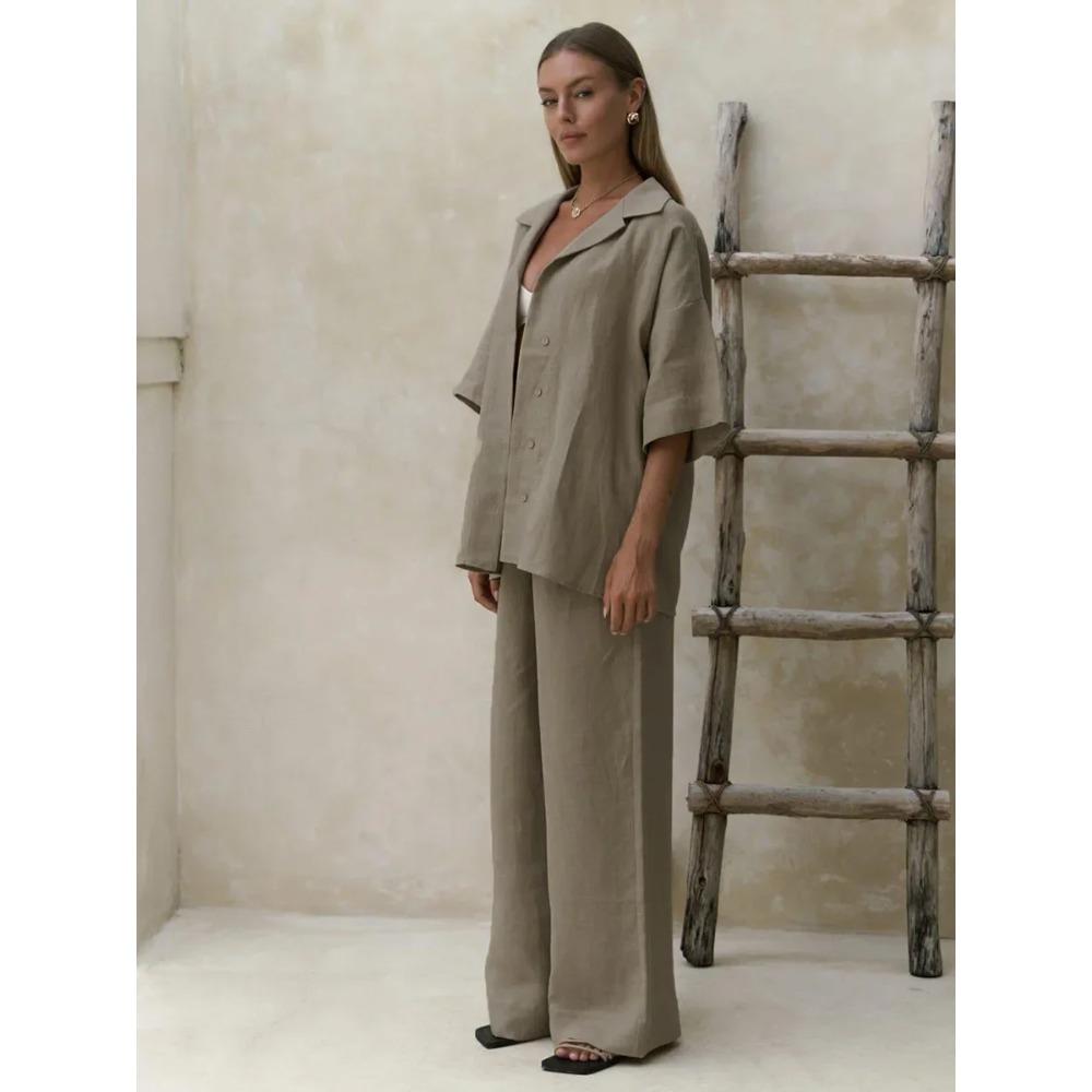 100% Baumwolle Kurzarmhose 2-teiliges Set Damen Einfarbig Kurzarmshirt Lockere Hose Freizeitset